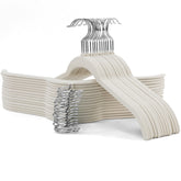 Sishynio 30-pack velvet hangers beige side view highlighting slim profile for compact closets.