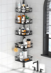 Skycarper 5-tier corner shower caddy displayed in a modern bathroom for organized storage.