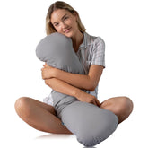 SleepCloud weighted body pillow on bed showing 6.5 lb weight for deeper rest