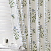 Slozzi flower-pinched-pleated linen curtains in blue and white pattern for refined living spaces