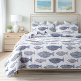 SLPR Sea of Dreams twin quilt set on a neatly made bed for coastal calm.