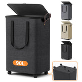 SmartKempt 90L laundry basket with five wheels glides smoothly for easy transport.