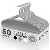 Smartor Plastic Hangers 50 Pack with 360Β° swivel hook for versatile closet organization.