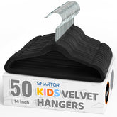 Smartor Premium 14-Inch Kids Hangers with black velvet keep clothes secure and wrinkle-free.