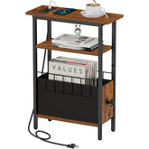 Snughome narrow side table with charging station keeps cables organized beside the bed.