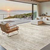 Soalmost washable area rug 8x12 in vintage beige for warm living room ambience.