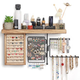 SOLIMINTR hanging jewelry organizer on wall mount with rustic shelf for daily storage