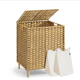 Songmics 2-section laundry hamper with lid in goose yellow for easy light/dark sorting.