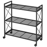 SONGMICS 3-tier metal storage rack with wheels for easy mobility.
