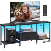 Songmics Bellah TV Stand side view in ink black with a sturdy steel frame.