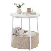 SongMics Home small round side table with white top and brown base, compact design.