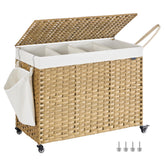 SONGMICS laundry hamper with lid and wheels for easy transport and space-saving organization.