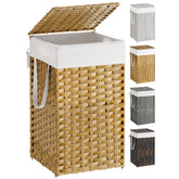 SONGMICS laundry hamper with lid in a bright bathroom conceals laundry