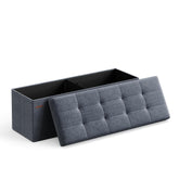 SONGMICS MAZIE folding storage ottoman demonstrates quick setup and hidden storage.