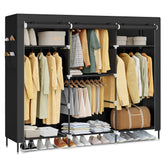 SONGMICS portable closet with four hanging rods for quick, organized outfits.