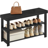 SONGMICS 3-tier bamboo shoe rack bench top view showing spacious storage for entryways