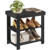 SONGMICS shoe rack bench top view highlights a sturdy bamboo surface for bags and shoes.