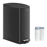 SONGMICS slim trash can front view in black stainless steel, ideal for compact spaces.