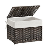 SONGMICS storage basket with lid in brown showing convenient one-handed access for laundry.