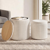 SONGMICS vanity stool set with cream-white storage ottomans for bedroom organization.