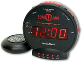 Sonic Alert Sonic Bomb clock in black, front view showing bold alarm features for heavy sleepers