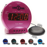 Sonic Bomb front view by Sonic Alert with pink finish, ready to wake heavy sleepers
