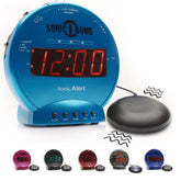 Sonic Bomb front view on nightstand shows bold alarm for heavy sleepers