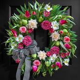 Soomeir 24-inch wreath with roses and tulips for vibrant front-door decor.