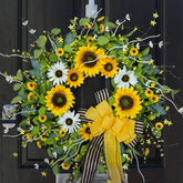 Soomeir sunflower wreath on front door with burlap bow enhances curb appeal