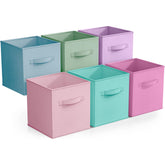 Sorbus fabric storage cubes on a shelf for neat pantry organization.