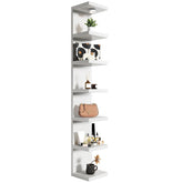 Sortique White 7-Tier Wall Shelf with LED light highlighting curated items.