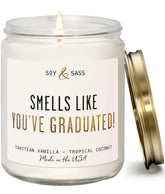 Soy and Sass graduation candle in vanilla coconut scent for a celebratory mood