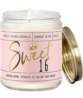 Soy and Sass Sweet 16 candle with vanilla cupcake scent in a reusable 9oz jar