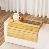 SpaceAid bamboo couch cup holder on armrest tray provides a stable surface for drinks.