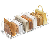 Spacekeeper adjustable shelf divider set on shelf, organizing handbags