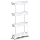 SPACEKEEPER Slim rolling cart in white, compact 4-tier design for tight spaces.