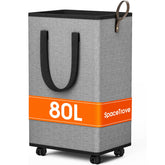 SpaceTrove laundry basket with wheels, 80L capacity, easy transport from bedroom to laundry