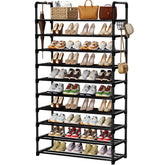 SRRSO 10-tier shoe rack in metal frame keeps shoes organized.