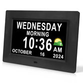 SSINI digital calendar alarm clock with a 7-inch display for easy time reading.