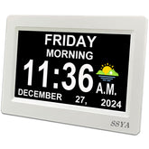 SSYA digital calendar alarm clock front view with large time display for seniors.