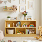 STEPLAY Montessori shelf in natural wood with low height for toddler access.