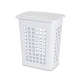 Sterilite LiftTop laundry hamper with lid on, concealing laundry for a tidy room.