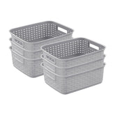 Sterilite short plastic weave basket overview showing gray bins for countertop organization.