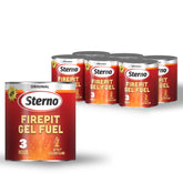 Sterno Fire Pit Gel Fuel with a golden flame, ideal for long outdoor ambiance.