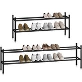STORAGE MANIAC long expandable shoe rack extended, showing space-saving capacity for up to 12 pairs.