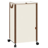 Storage Maniac rolling laundry hamper with beige lid keeps clothes organized.