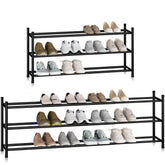 STORAGE MANIAC long expandable shoe rack on the floor with full shelves.