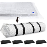 Storage Master vacuum bag shows queen mattress secured in bag for compact storage