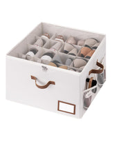 StorageWorks 16-pair shoe organizer with beige lid keeps shoes neatly stored and easily visible.