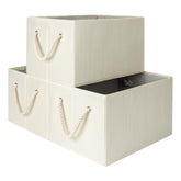 StorageWorks collapsible bin in beige on a shelf, sturdy and easy to pull out.